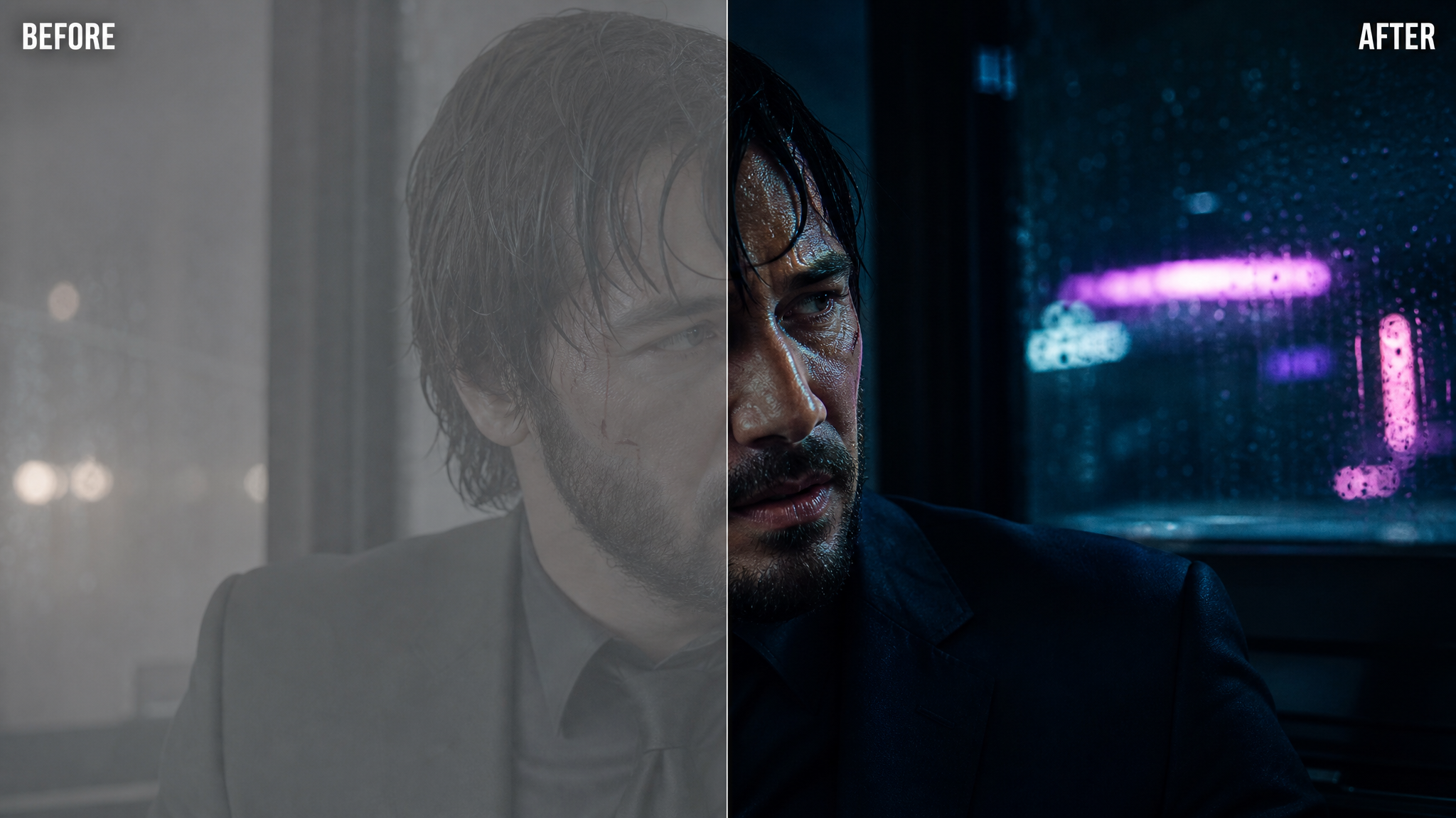 Voor en na kleurcorrectie vergelijking van filmbeelden — dramatisch verschil in kleur en contrast